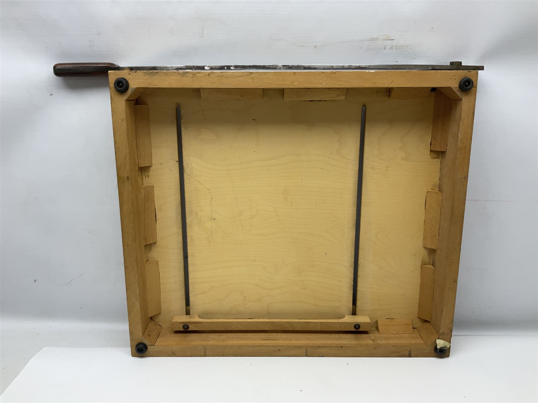 Coal bucket painted with flowers together with pair of bellows, boot scraper in the form of a beetle, wooden guillotine, composite table lamp with tassel lampshade and one other