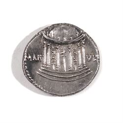 Roman Empire - Augustus (27 BC-AD 14): Silver Denarius coin, obverse laureate head of Augustus right, reverse temple of Mars Ultor with cult statue within 'MAR-VS'; c.19-18 BC, attributed to Rome mint