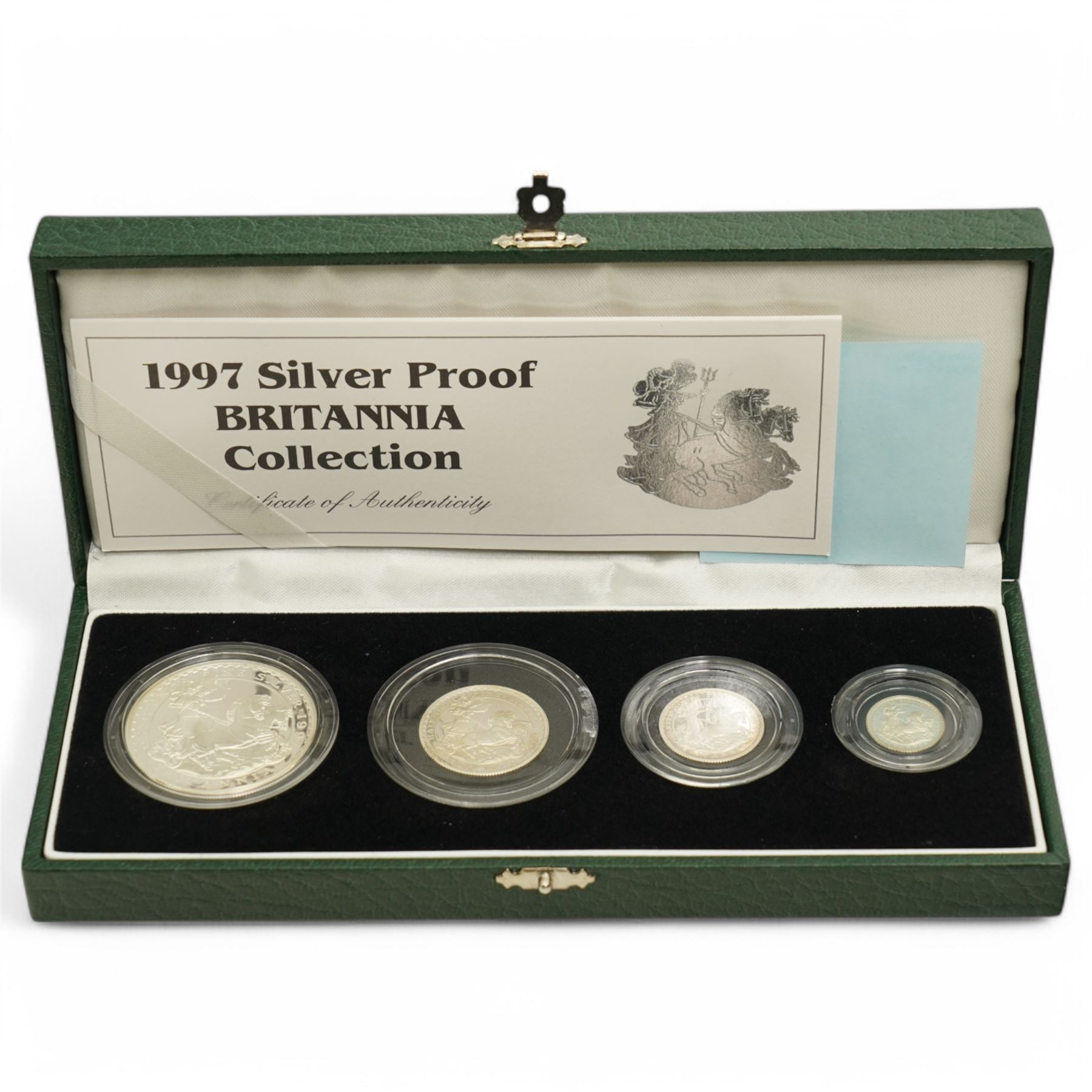 The Royal Mint United Kingdom 1997 silver proof Britannia four coin set, cased with certificate
