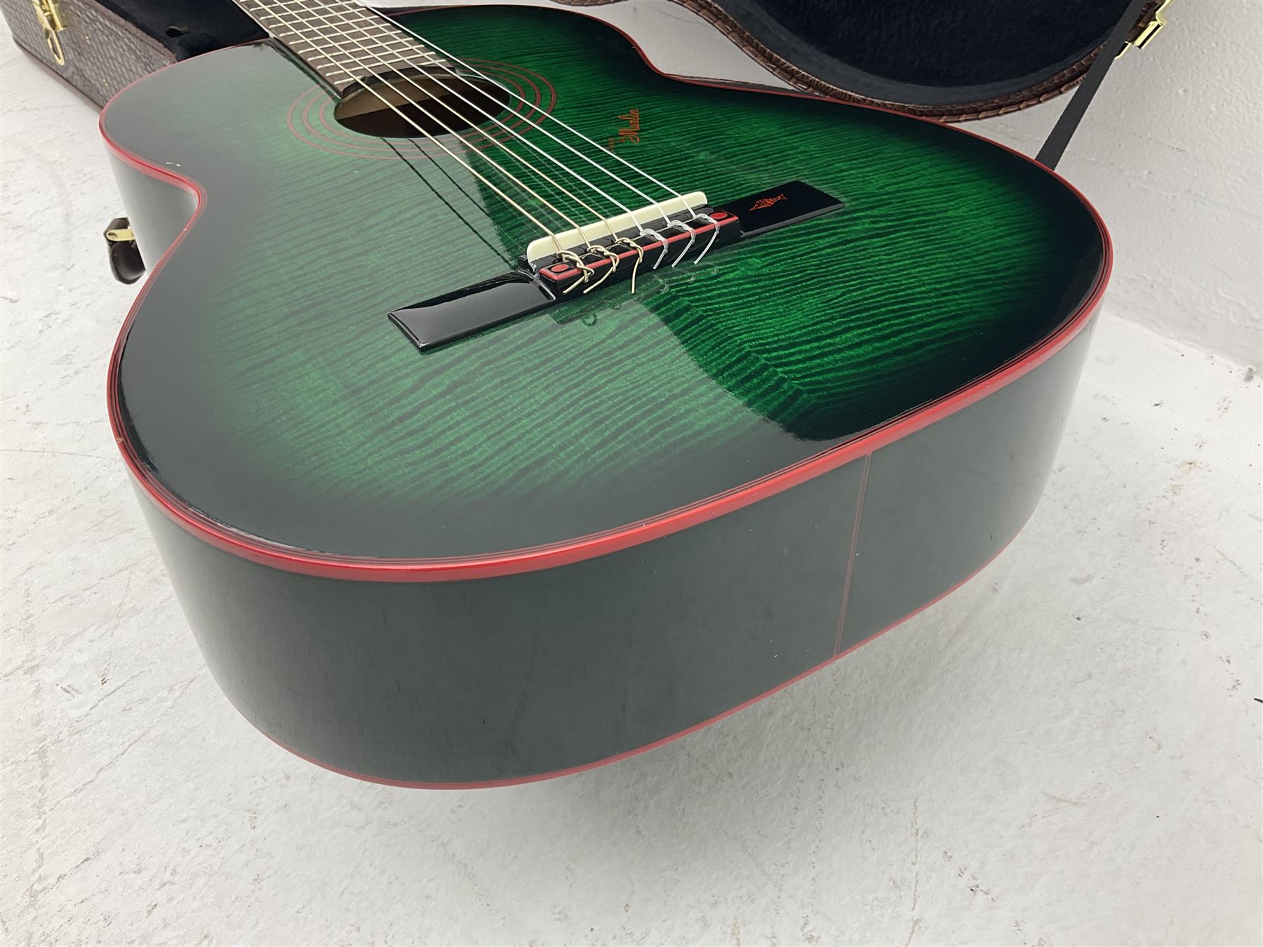 Marlin Classic acoustic guitar model MC1 in green and red L100cm; in simulated reptile skin hard carrying case