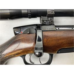 30-06 Steyr-Mannlicher Model M bolt-action rifle, the 61cm hammer forged barrel with side safety, double set trigger and lift-out rotary magazine, walnut stock with chequered pistol grip and fore-end and additional soft leather cheek piece, Pecar Berlin Champion 8 x 45 telescopic sight with quick release mounts, serial no.204791 L111cm FIREARMS CERTIFICATE REQUIRED OR RFD