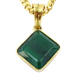 Gold single stone square cut emerald pendant, on gold curb link chain necklace set with two oval cut emeralds, both 9ct, emerald approx 12.00 carat