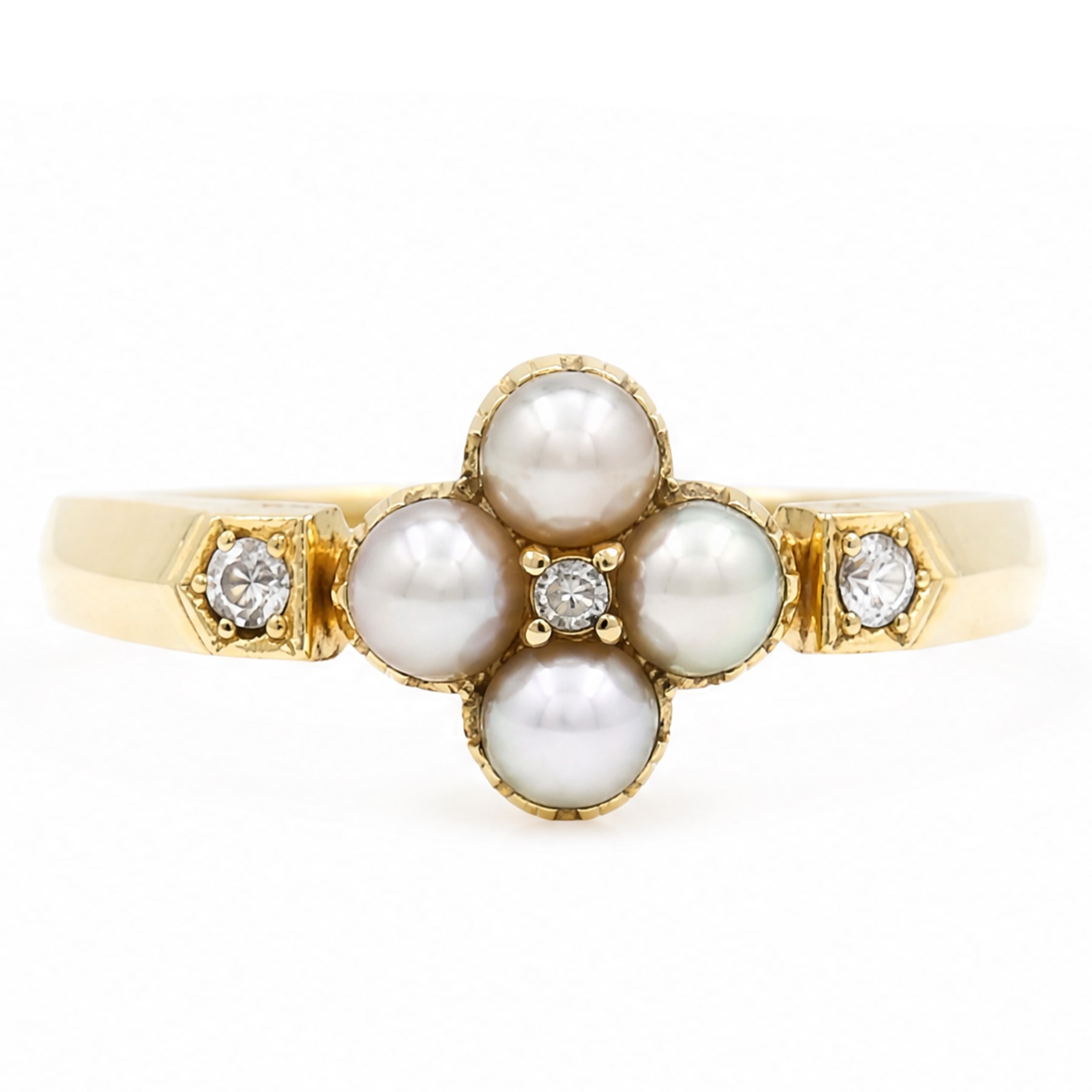 19th/ early 20th century gold pearl and diamond flower head cluster ring, single old cut diamond surrounded by four grey pearls, with a diamond set either side, by Cornelius Desormeaux Sanders & James Francis Hollings Shepherd, stamped 18ct