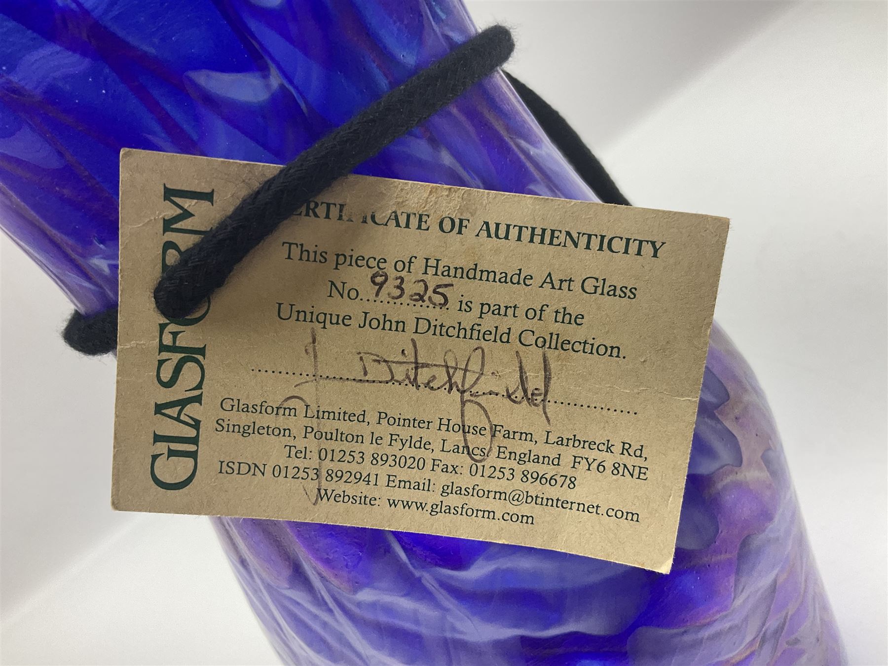 John Ditchfield for Glasform studio glass vase, with mottled wave design upon an iridescent purple ground, signed and numbered beneath, with certificate of authenticity tag, H26.5cm