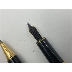 Montblanc Noblesse Oblige fountain pen, the maroon barrel and cap with gilt clip and mounts and nib stamped 585 14K/ct, together with a matching ballpoint pen, largest L14cm (2)