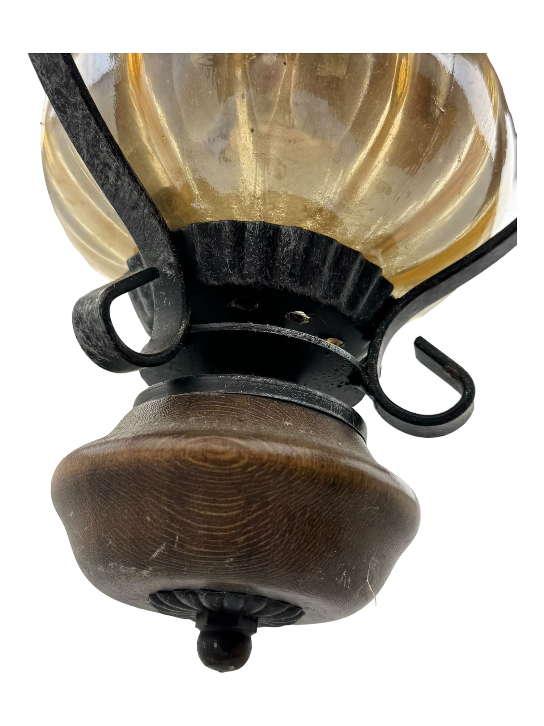 Collection of vintage and modern light fixtures, including copper pendant light, brass five-arm chandelier, hanging lantern and two small chandeliers with hanging faceted droplets (6)