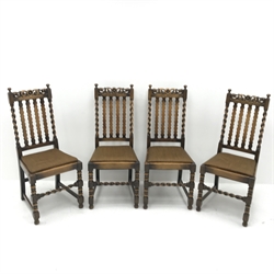 Set four 1920's birch barley twist dining chairs, upholstered drop in seat, turned supports, W46cm