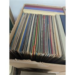Large collection of vinyl LPs, together with a small collection of 7 inch vinyl records and CDs, with a Dansette record player and a small Hi-Fi cabinet