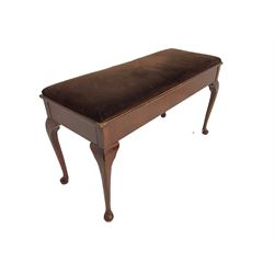 Early 20th century walnut duet piano stool, rectangular hinged lid with upholstered seat, on cabriole supports