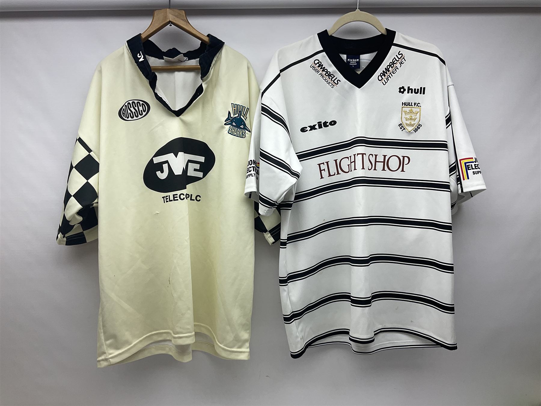 Five Hull Rugby League shirts, to include Hull FC and Hull Sharks examples