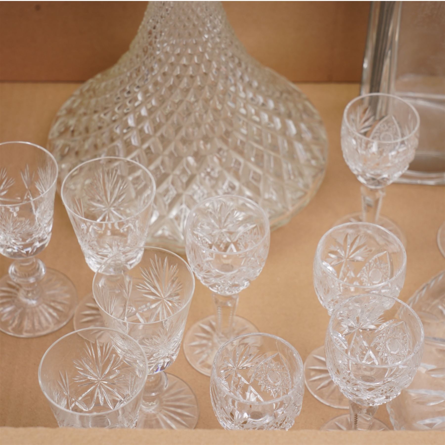 Five Cornhill Insurance Cricket Test Series commemorative glasses with etched signatures 1987-1991, two ships decanters and other glass