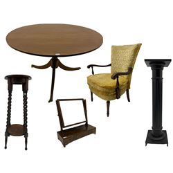 Circular reproduction regency style dining table, Georgian mahogany dressing table mirror, early 20th century upholstered armchair, early 20th century barley twist plant stand and a black finish fluted column stand (5)