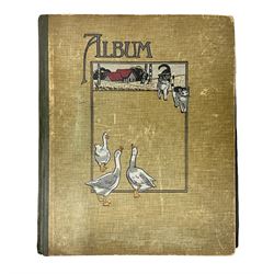 Victorian scrapbook containing twenty-six double sided pages and two fixed end pages of various fixed decoupage to include clippings of maritime interest, greeting cards, portraiture, flowers, animals etc, 