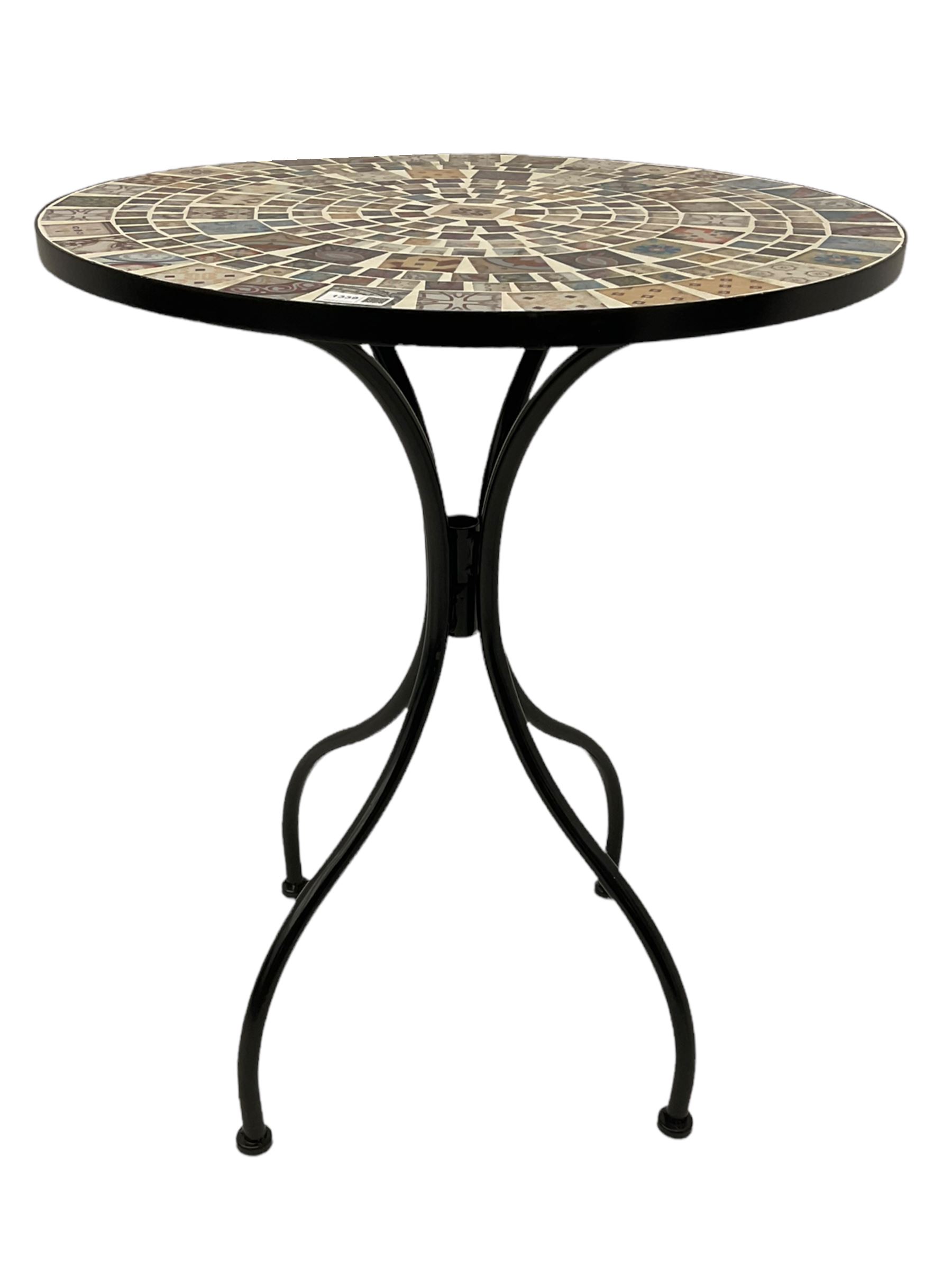 Black painted metal bistro set, circular table with mosaic top, and pair of folding chairs with mosaic panels 