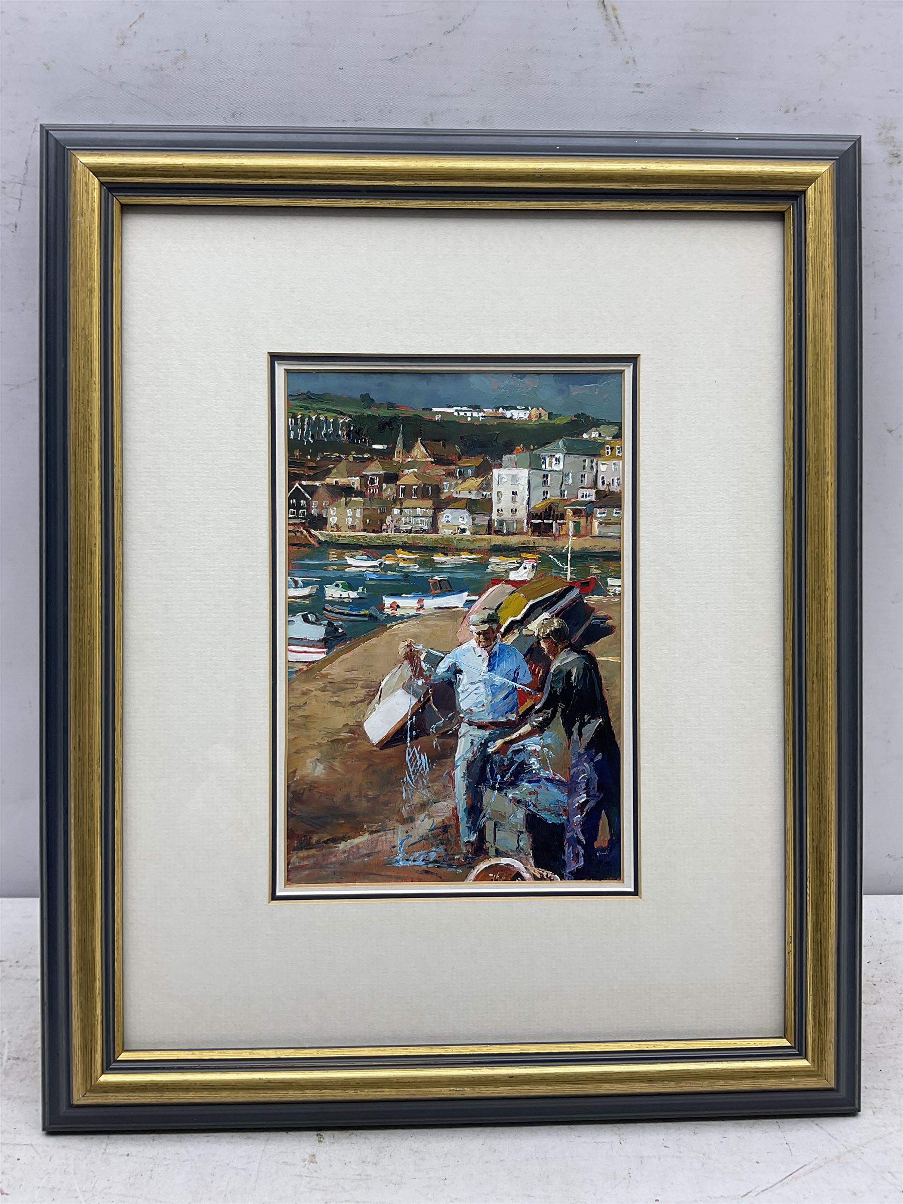 British School (Mid 20th century): Mending Nets at the Harbourside, probably Cornwall or Wales, acrylic on canvas laid on to paper unsigned 24cm x 16cm 
Provenance: with the Oakwood Gallery, Leeds, label verso