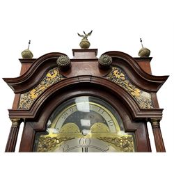 English late 18th century 8-day mahogany longcase clock, swans neck pediment with three brass finials, patera and painted glass panels beneath, trunk with reeded quarter columns and wavy topped door, plinth with a raised panel, canted corners on bracket feet, with a brass dial and silvered chapter ring engraved “Clifton Fecit”, with Roman numerals, quarter hour track, minute track and half-hour markers, with a matted and engraved dial centre, seconds ring, pierced steel hands, calendar aperture and painted lunar disc to the arch, dial pinned to a rack striking movement with a recoil anchor escapement, striking the hours on a bell.
With pendulum weights and key.
