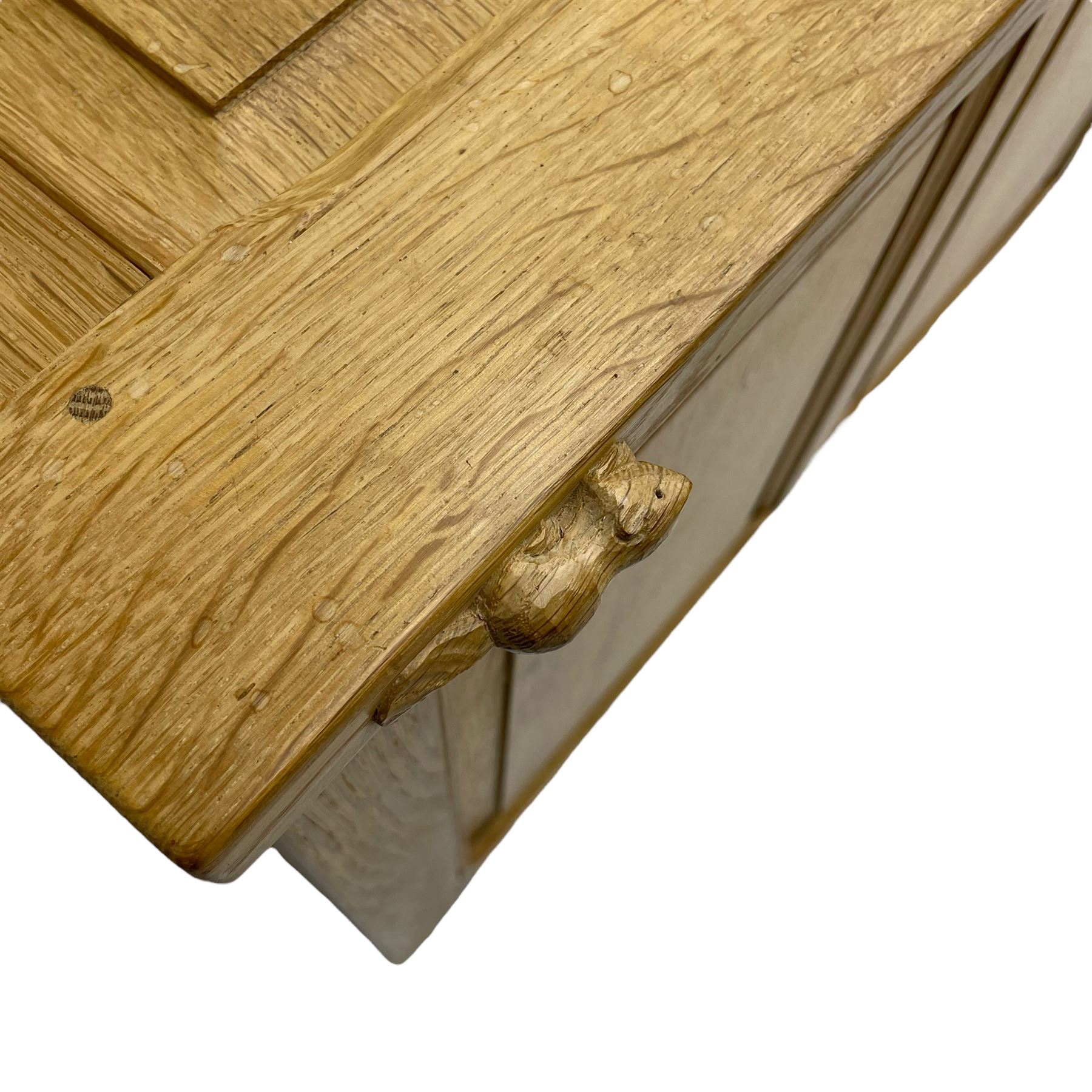Beaverman oak blanket box, triple panelled lid over triple panelled front, carved with beaver
