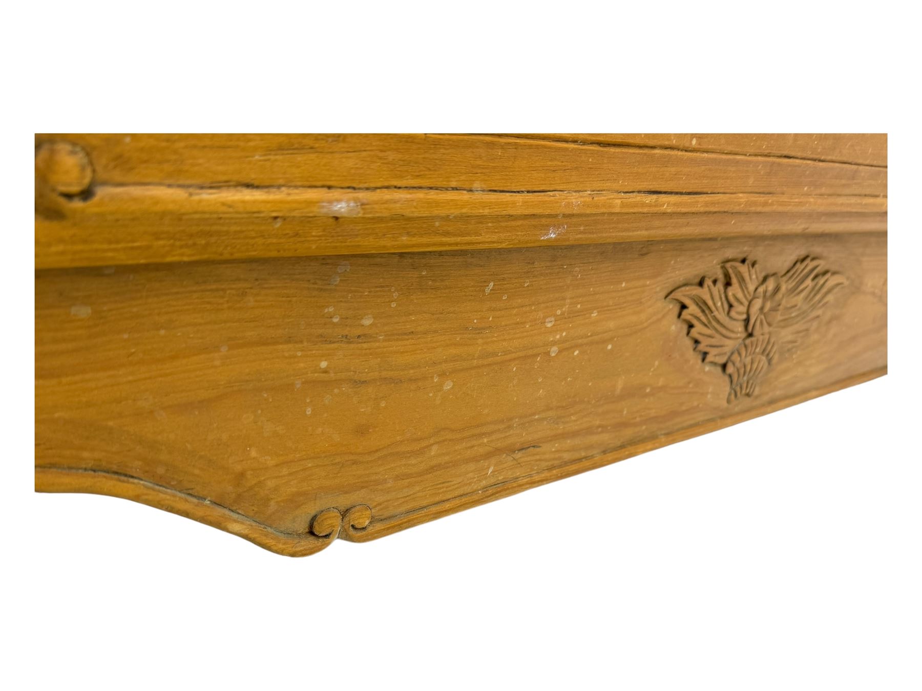 French design hardwood chest, rectangular top with moulded edge over two short and two long drawers with carved scrolling foliate decoration, flanked by carved acanthus leaf columns, on bracket supports