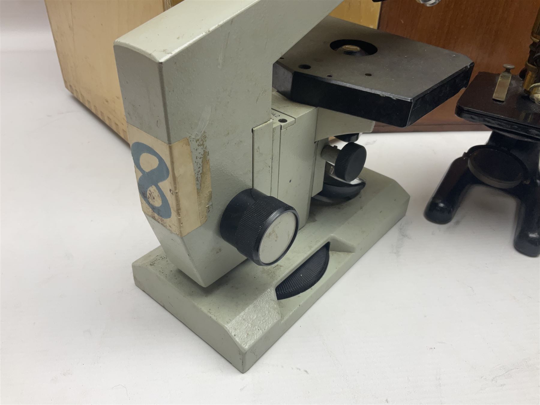 Four microscopes, comprising Nomo Biolam, RCS Zoo Lab 240, R Beck no 13756 and one other