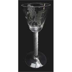  Georgian Jacobite style wine glass, pointed round funnel bowl engraved with a carnation and butterfly opposing above air twist stem on domed foot, H15.5cm   