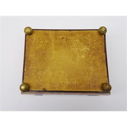 19th century tortoiseshell sewing box, of sarcophagal form upon four foliate detailed brass ball feet, the hinged cover edged in ivory with initialled silver plaque to centre, opening to reveal a silk lined interior, H9.5cm W22.5cm D18cm