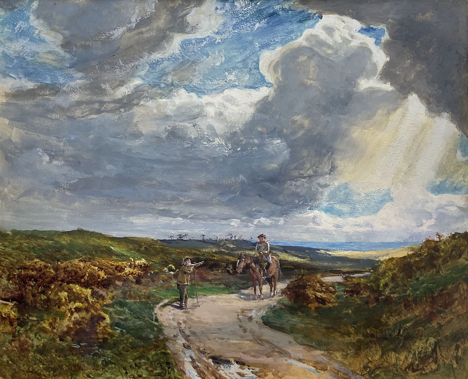 Arthur A Friedenson (Staithes Group 1872-1955): 'On the Road to Exeter', gouache signed and dated '98, original title label verso 30cm x 37cm