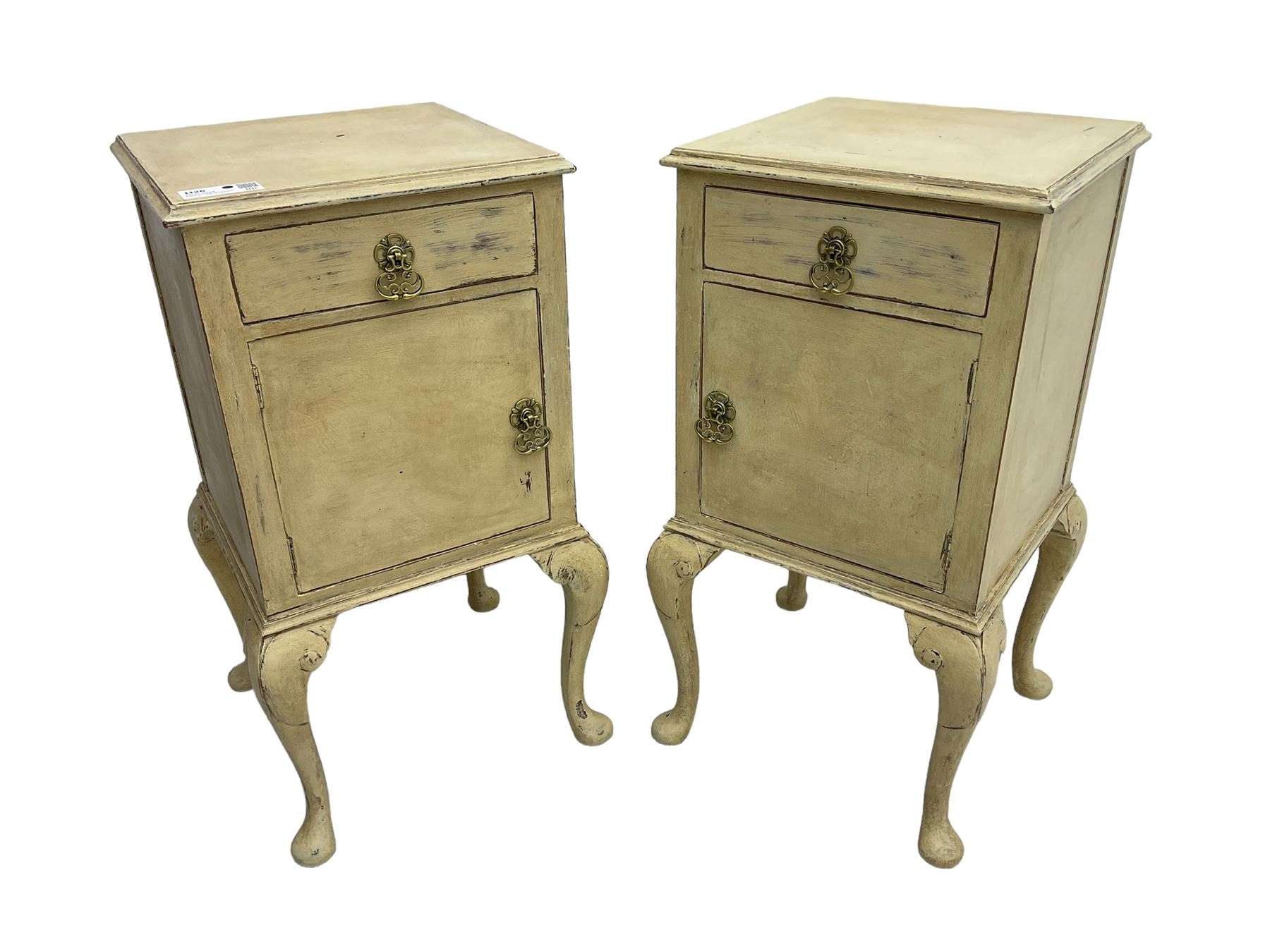 Pair of mid-20th century cream painted bedside cabinets, rectangular top over single drawer and cupboard, on cabriole supports