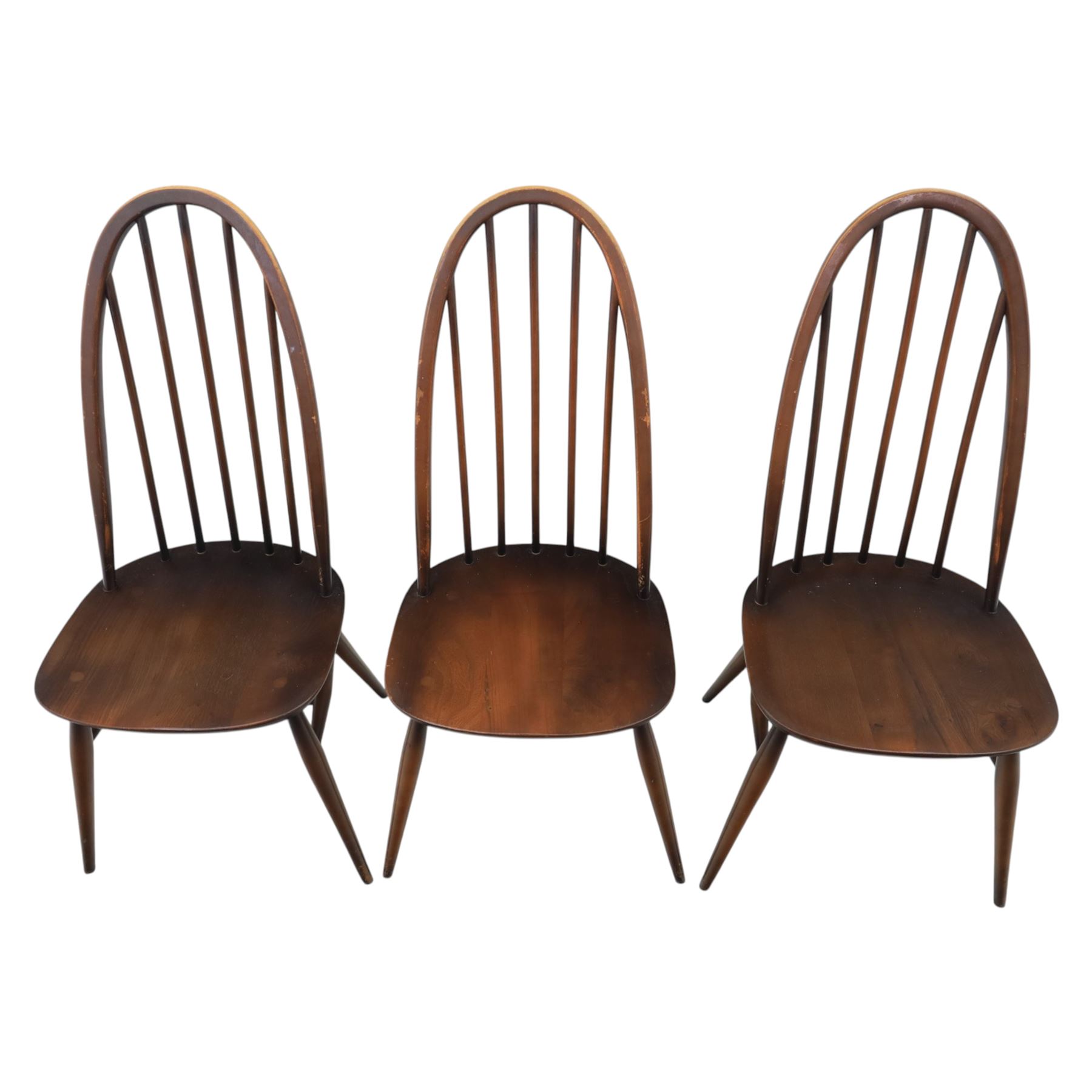 Ercol - set of six 'Quaker' dark elm chairs, high back hooped chairs, on tapering supports