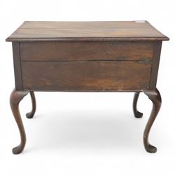 18th century oak and mahogany banded lowboy, rectangular moulded top with crossbanded edge, fitted with one long and two short drawers with brass swan neck handles, shaped kneehole apron, raised on cabriole supports with pad feet
