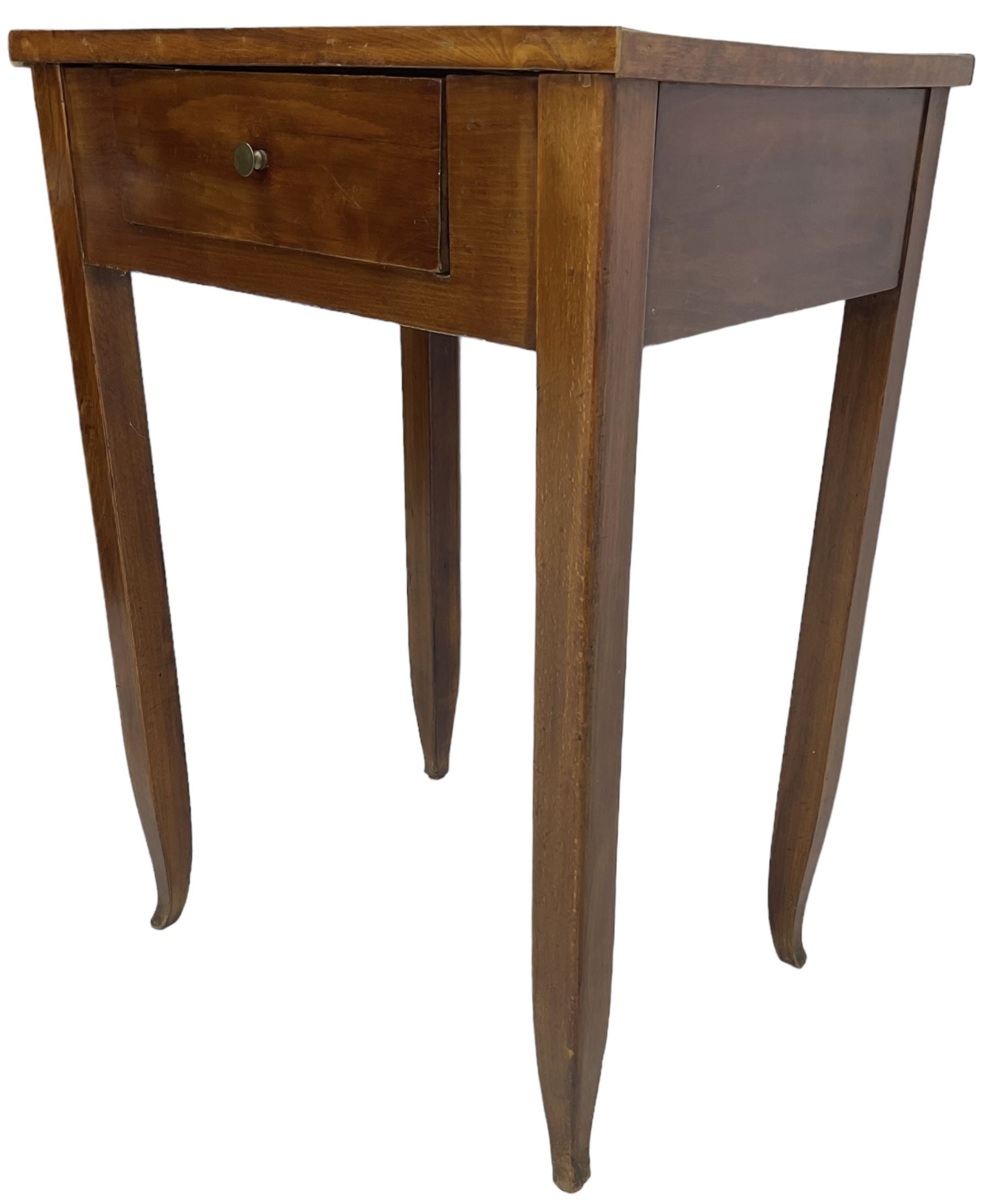 19th century Biedermeier design maple and beech side table, figured book-matched maple veneer top over single drawer, on square tapering supports terminating to pointed feet