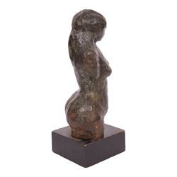 Bronzed sculpture modelled as a female torso, upon a square plinth, H39cm 