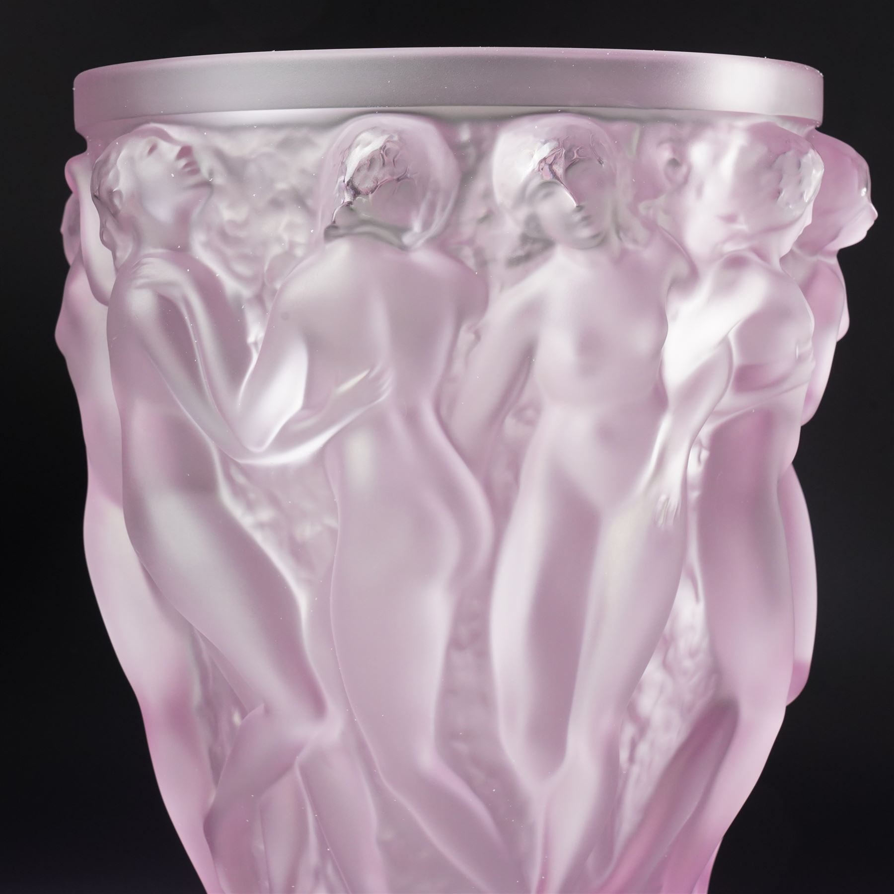 Lalique Bacchantes pattern frosted and clear pink glass vase signed 'Lalique France' H25cm in original pink Lalique box with guarantee etc