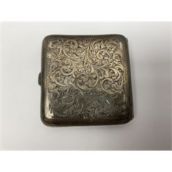 Silver cigarette case, hallmarked together with a chainmail evening bag with silver clasp and handle, hallmarked, continental silver pocket watch, stamped 800 etc 