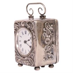 Edwardian miniature silver cased carriage clock timepiece, hallmarked Henry Clifford Davis, Birmingham 1904, the white enamel dial with roman numerals, French movement with fixed key wind, H8cm