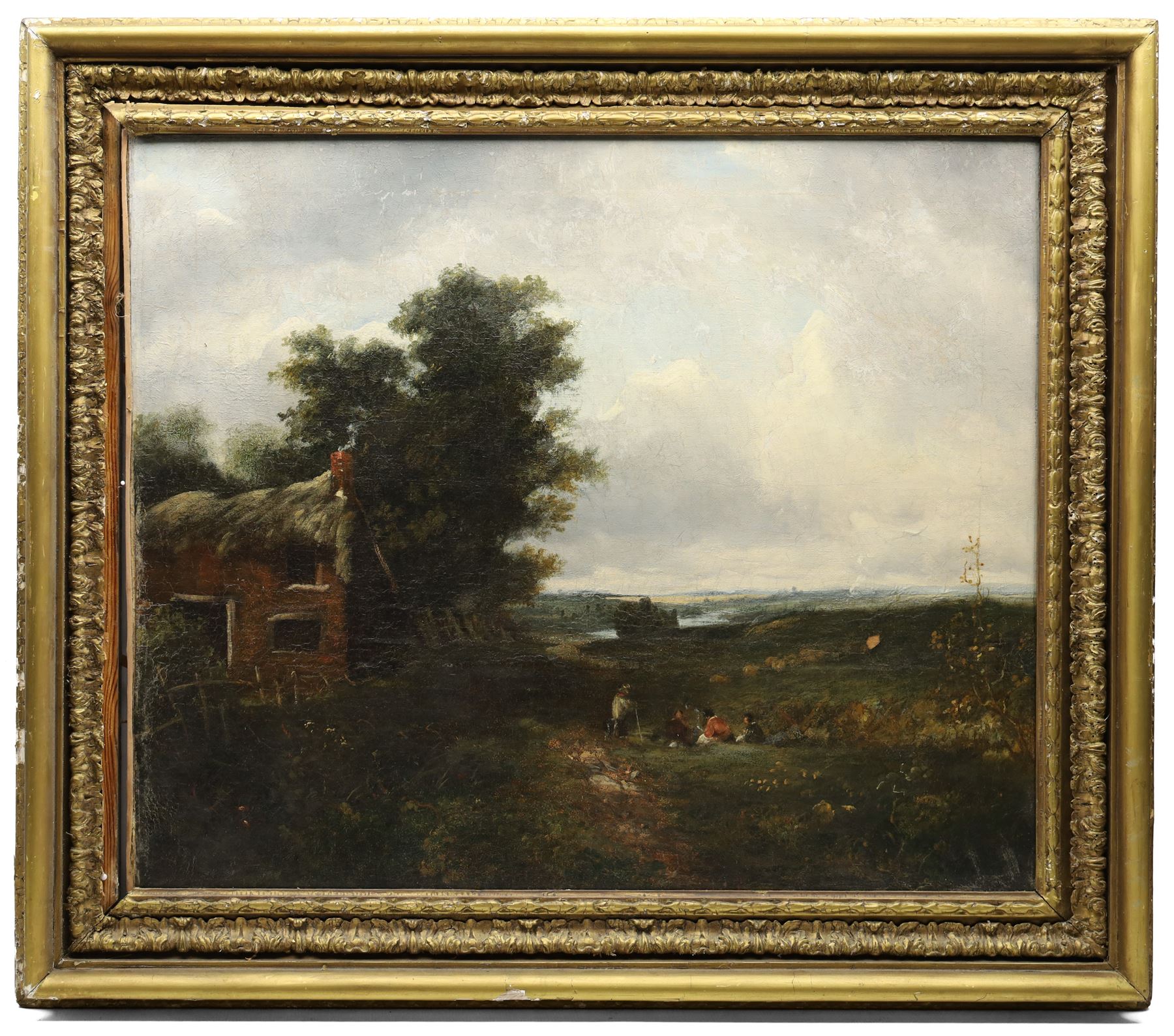 Norwich School (19th century): Flatland Landscape with Thatched Cottage, oil on canvas unsigned 62cm x 75cm 