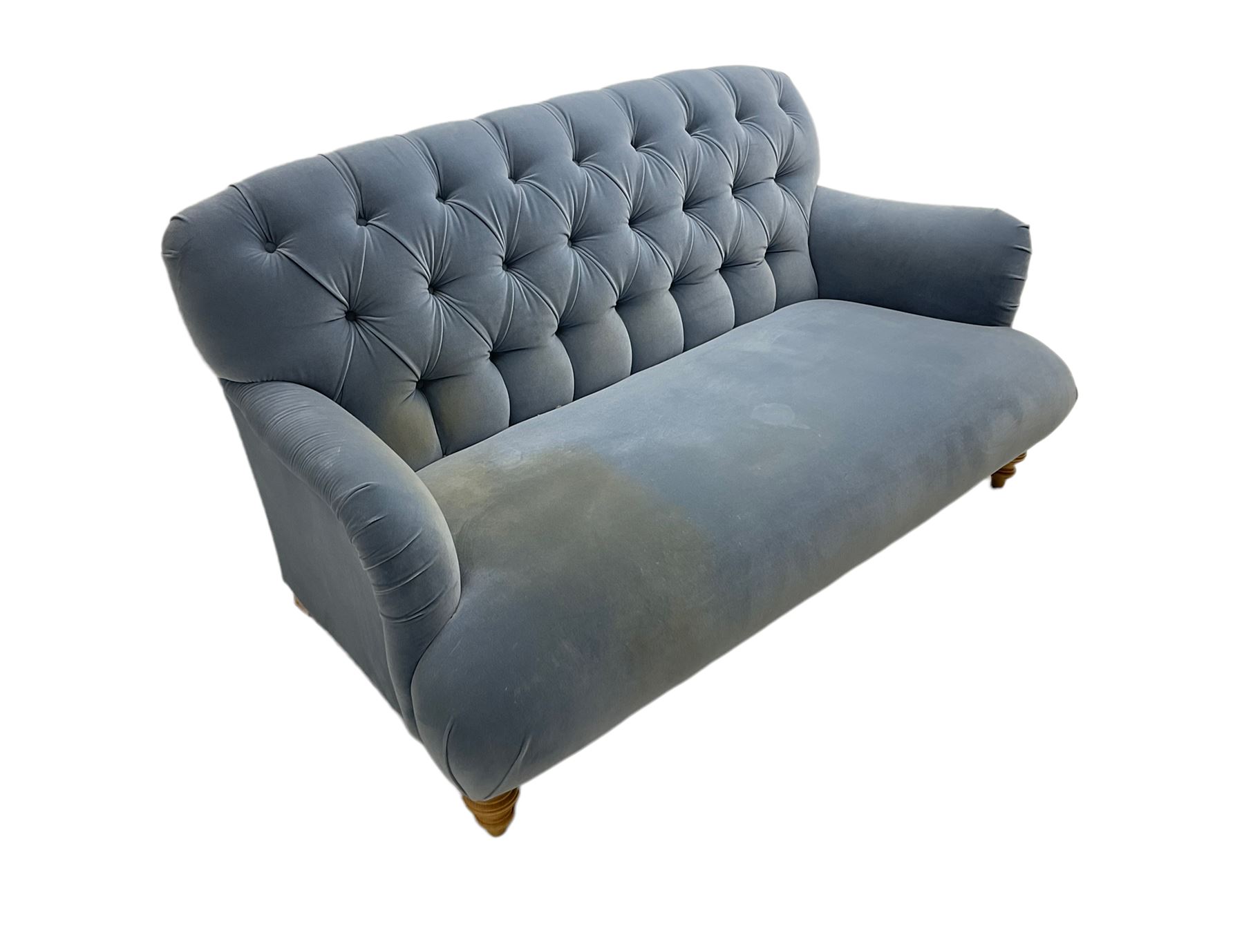 Tetrad - two seat sofa upholstered in baby blue buttoned fabric, on turned light beech front feet