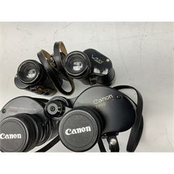 Ten cased pairs of binoculars, to include Rainbow 20x60, Barr & Stroud 7x, Yashica 7x50, Ross London Stepmur 10x50, Wray London Defiant 10x35, Canon 8x30 etc