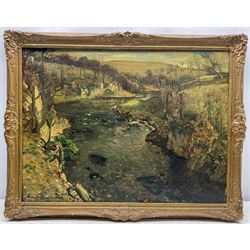 Reginald Grange Brundrit RA ROI (British 1883-1960): The River Wharfe at Loup Scar near Grassington, oil on canvas signed c.1924, 45cm x 60cm
Provenance: en plein air preliminary study for a larger work dated 1924 hanging in the Cartwright Hall, Lister Park, Bradford