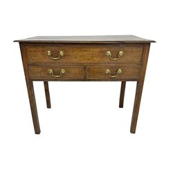 Georgian oak lowboy, rectangular moulded top over three drawers, on square supports