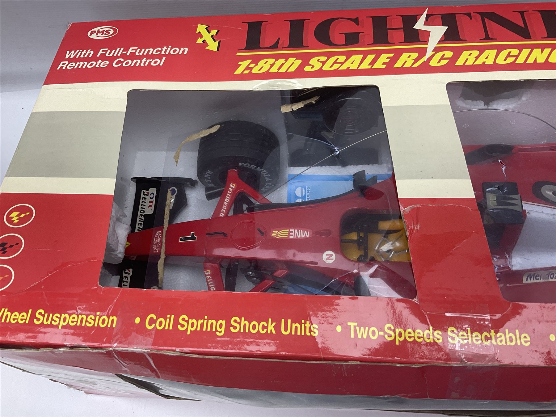 PMS Lightning 1:8 scale remote control racing car; Soma Sonic Man battery operated electronic sounds and light action figure; and CGL Galaxy Invader 10000 computer space battle game; all boxed (3)