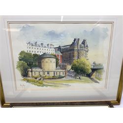 Framed print 'The Grand View' by Percy Hope, together with three framed prints of country cottages by Glenda Roe 