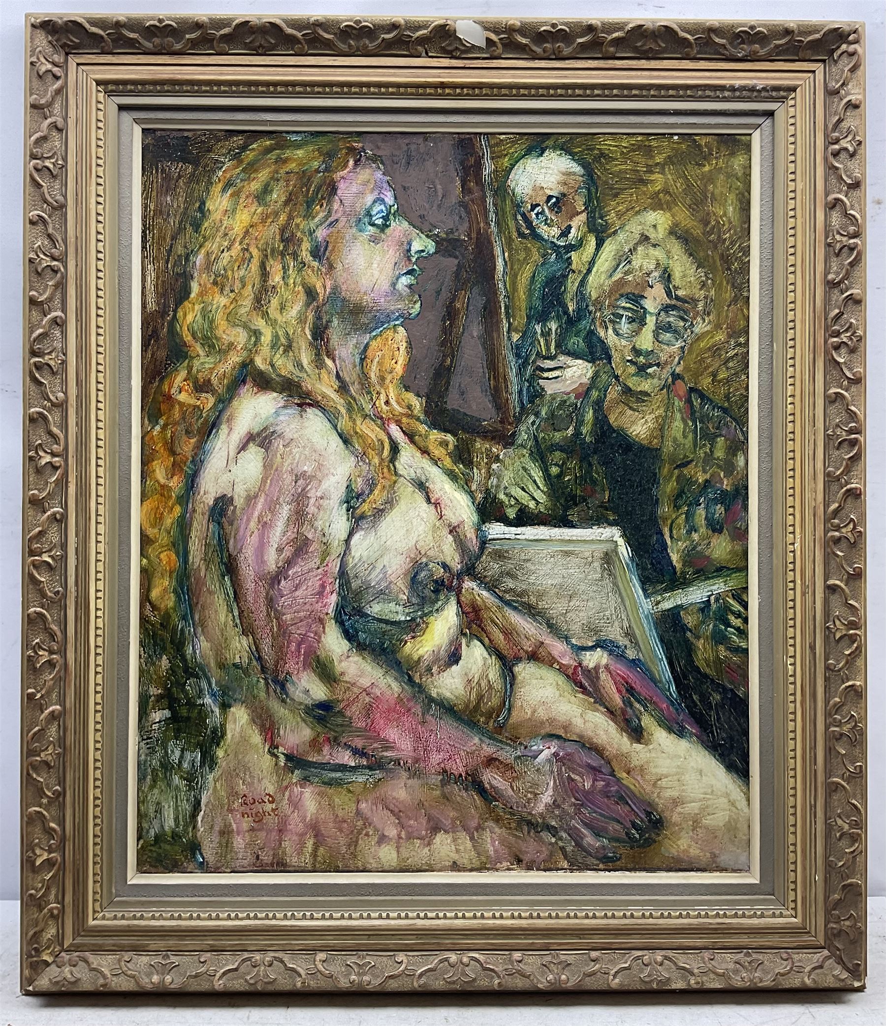 Raymond Arthur Roadnight (British 1941-): 'Model with Artists', oil on board laid on to canvas signed, titled on Royal Academy label verso 62cm x 51cm 
Provenance: the artist's studio collection. Born in High Wycombe, Roadnight spent three years training under Patrick Reyntiens and John Piper creating stained glass windows for Liverpool and Coventry cathedrals. These works included the great baptistry window in the New Coventry Cathedral, the 'Lantern' atop the Catholic Cathedral in Liverpool, and the grand windows in Oundle School Chapel. He has exhited at Royal Academy, Alfred East Gallery, Chichele College in Higham Ferriers, and Burleighfield House in Loudwater.
