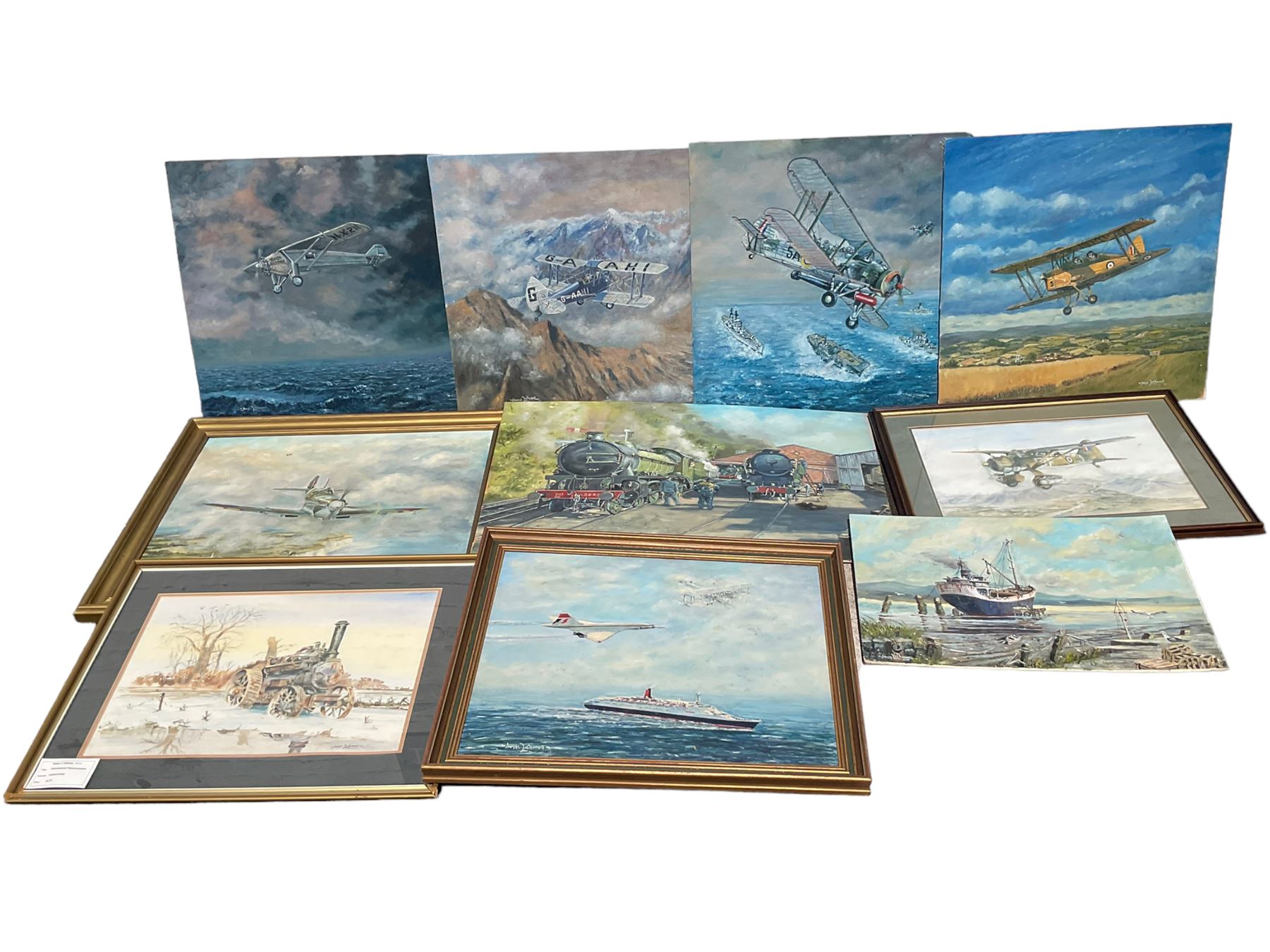 Collection of James Lishman (British 1931-2024) oils and watercolours all signed mostly aeronautical and maritime scenes (10)