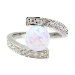 Silver opal and cubic zirconia ring, stamped 925