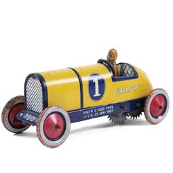 Early 20th century Lehmann tinplate clockwork 'Galop' no.760 racing car, yellow with blue ...