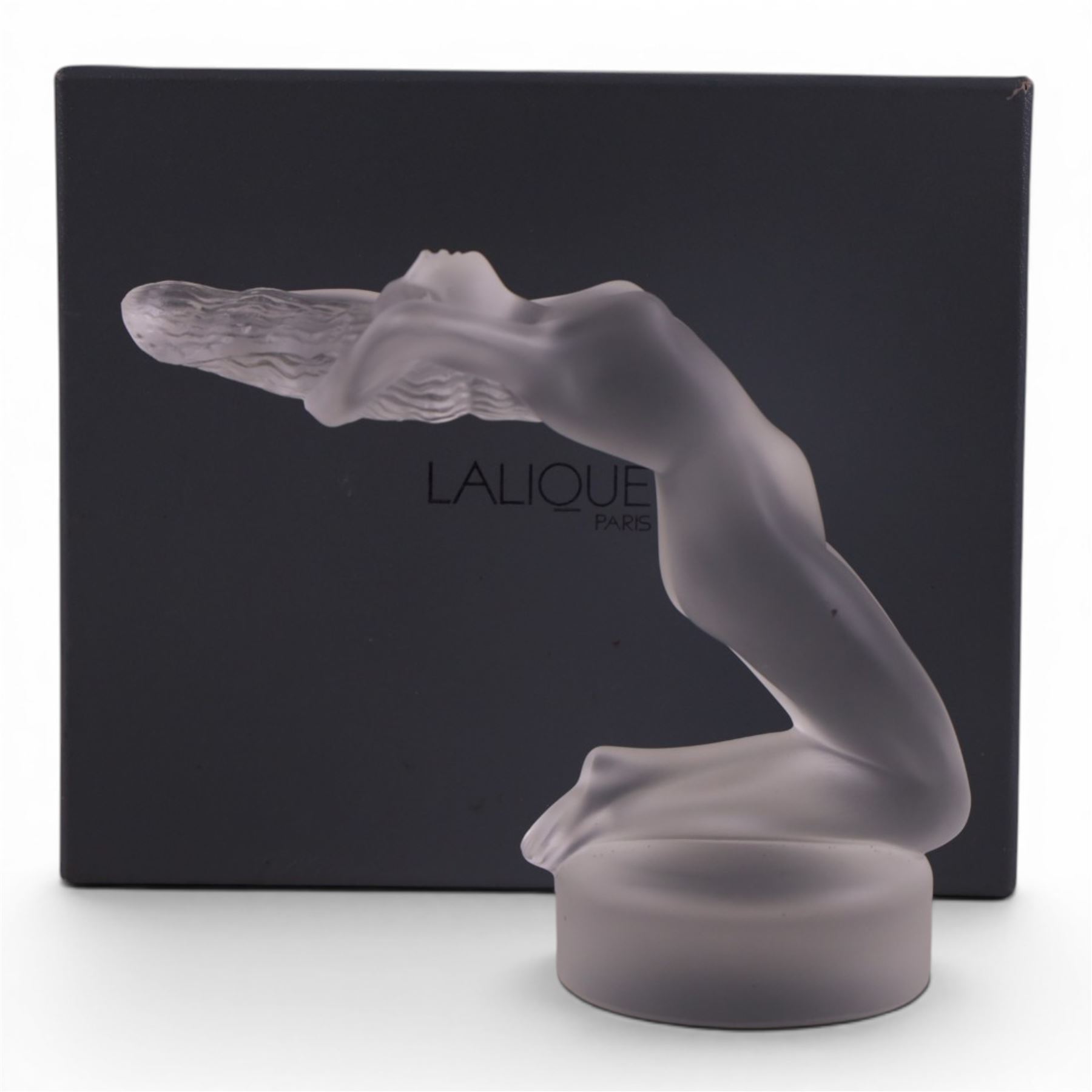 Lalique, Chrysis, frosted glass figure, inspired by the original 1931 car mascot designed by Rene Lalique, engraved Lalique France to base, H12cm