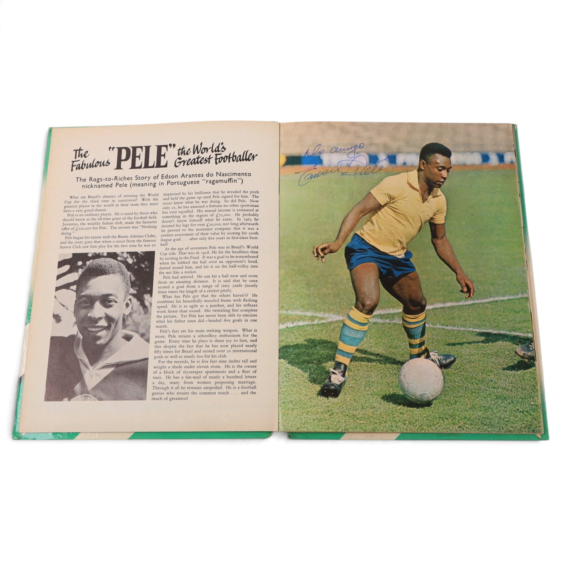 'World Cup 1966 England' hardback book, signed to inner front page by thirteen legendary footballers, to include Bobby Moore, Pele, George Cohen, Bobby Charlton, Alan Ball, Nobby Stiles, Roger Hunt, Peter Thompson, Kenneth Wolstenholme, Jairzinho, Garrincha, Martin Peters and Geoff Hurst, with certificate of authenticity from Chaucer Auctions