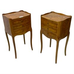 Pair of French inlaid walnut bedside cabinets, rectangular top with foliate inlays and raised three-quarter gallery, fitted with three drawers with crossbanded and floral inlaid facias, on cabriole supports