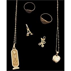 9ct gold jewellery including a hieroglyphics pendant necklace, heart pendant necklace, two signet rings and two initial 'A' pendants 
