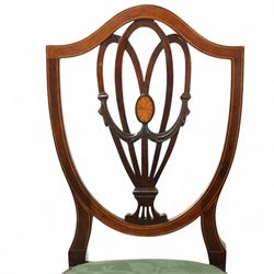 Hepplewhite design mahogany set of ten dining chairs, two carvers and eight dining chairs, with inlaid oval medallion to the vase splat, green upholstered drop-in seats, on square section tapering supports with spade feet, including two carvers